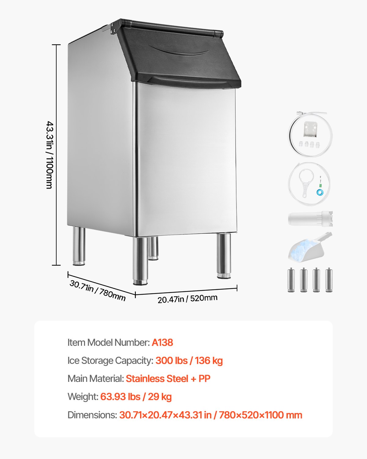 VEVOR Commercial Ice Maker Storage Bin, 136 KG Capacity Ice-Bin, Stainless Steel Commercial Ice Storage Bin with Adjustable Anti-slip Rubber Feet, Suitable for Restaurant Hotel and Beverage Shops