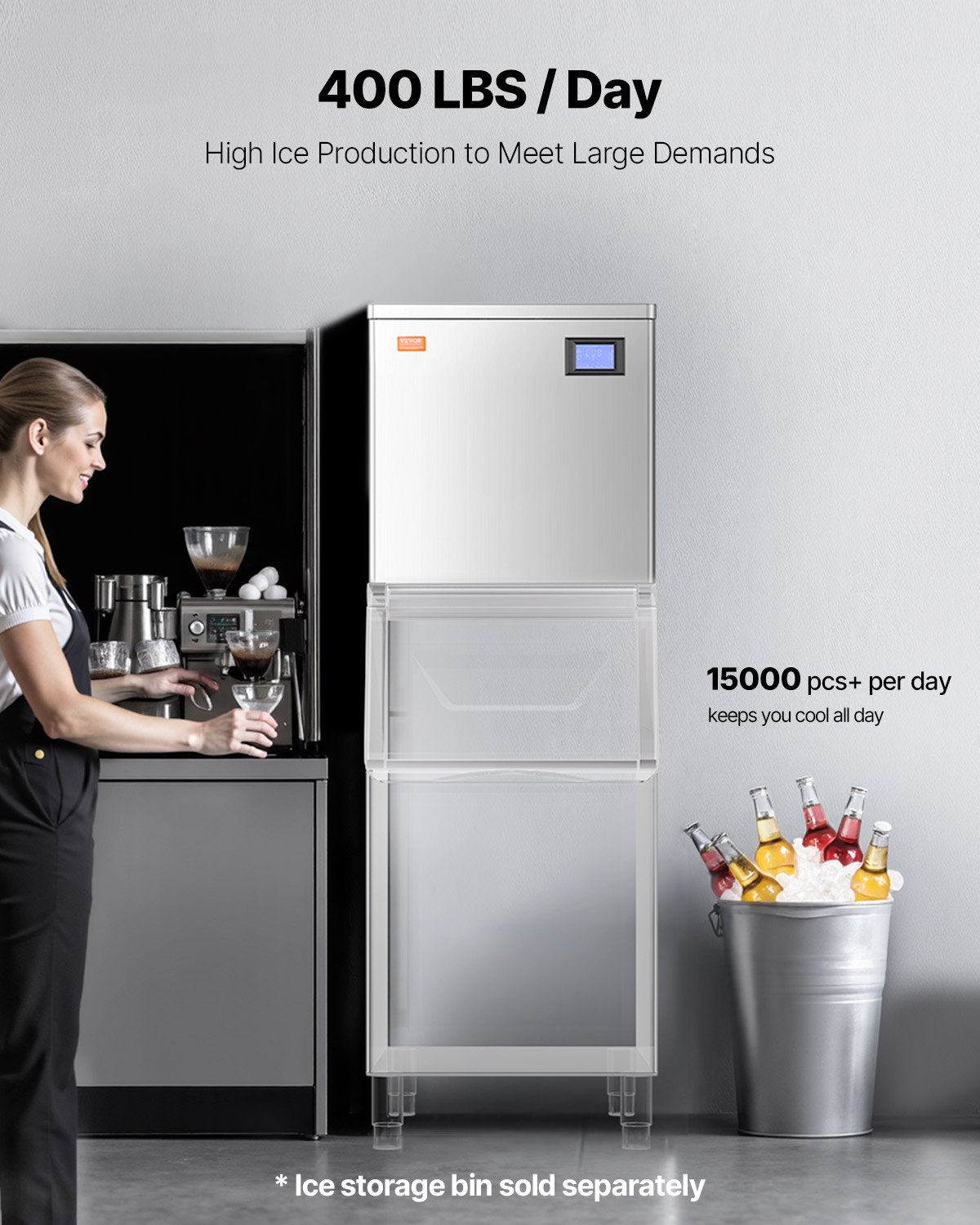 VEVOR Macchina per Ghiaccio Commerciale in Acciaio Inox 565 x 560 mm, Autopulente e Produzione Ghiaccio, Macchina per Cubetti di Ghiaccio Modulare per Ristoranti Solo Testa 181,4 kg / Giorno