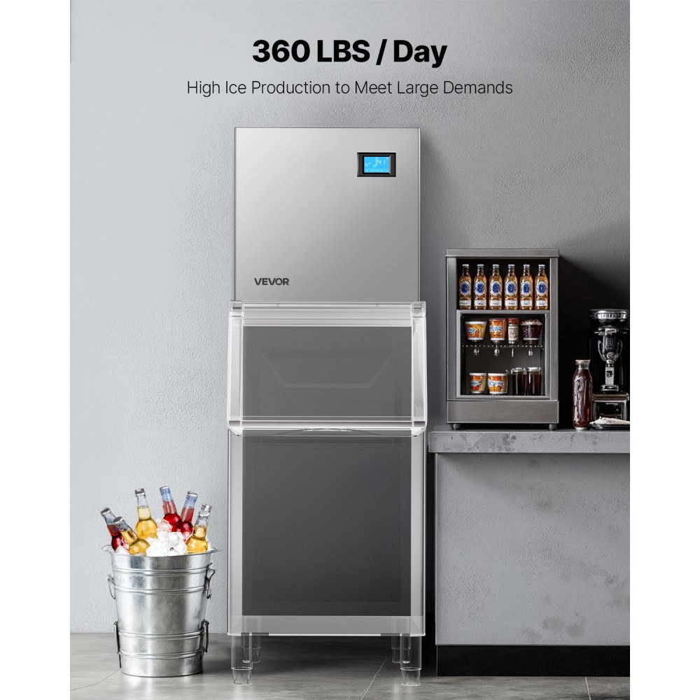VEVOR Macchina per Ghiaccio Commerciale Capacità max. di Produzione 163 kg/giorno, Macchina di Ghiaccio Commerciale in Acciaio Inox Potenza 700W Funzione Autopulente Vassoio per Cubetti di Ghiacci
