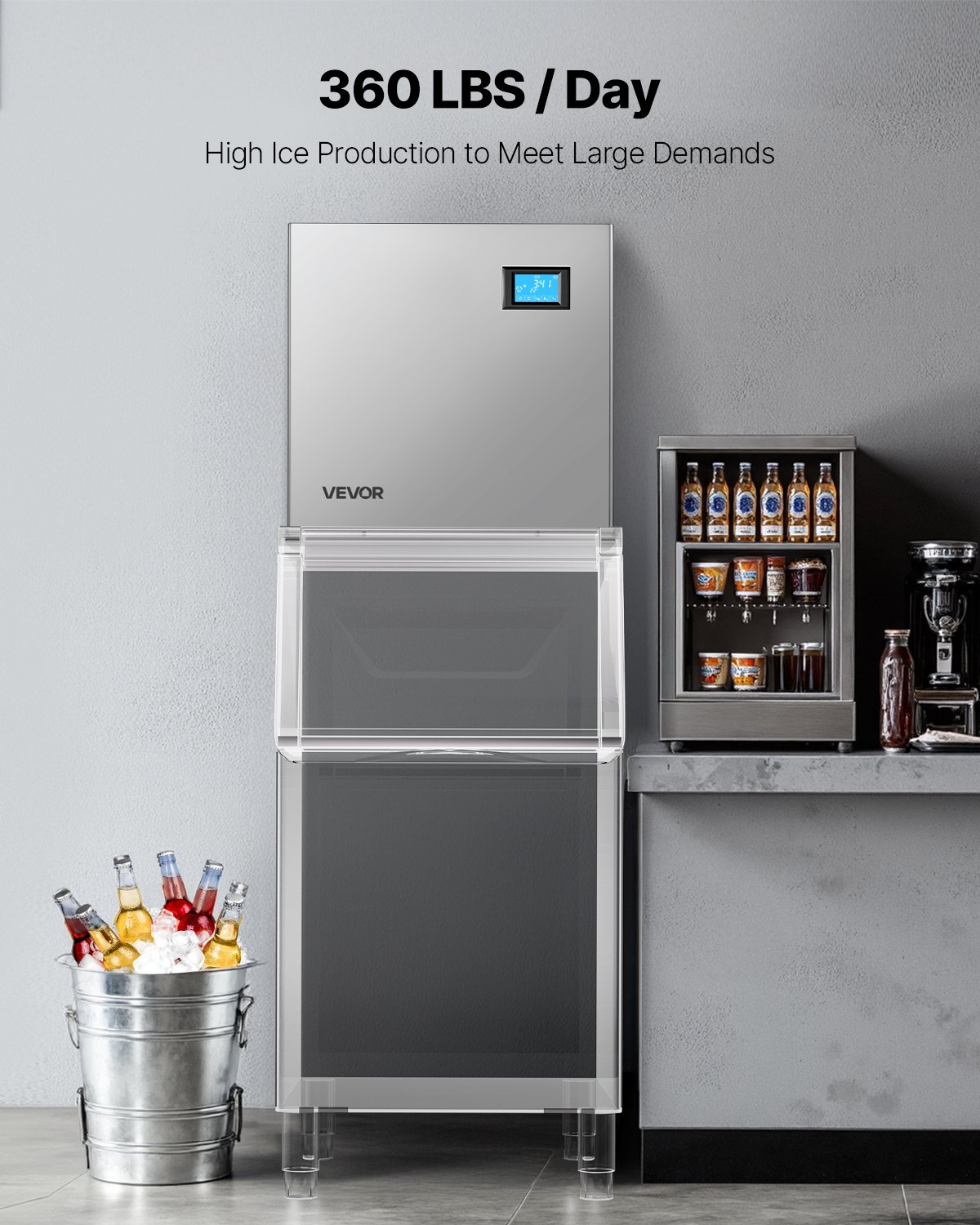 VEVOR Macchina per Ghiaccio Commerciale Capacità max. di Produzione 163 kg/giorno, Macchina di Ghiaccio Commerciale in Acciaio Inox Potenza 700W Funzione Autopulente Vassoio per Cubetti di Ghiacci