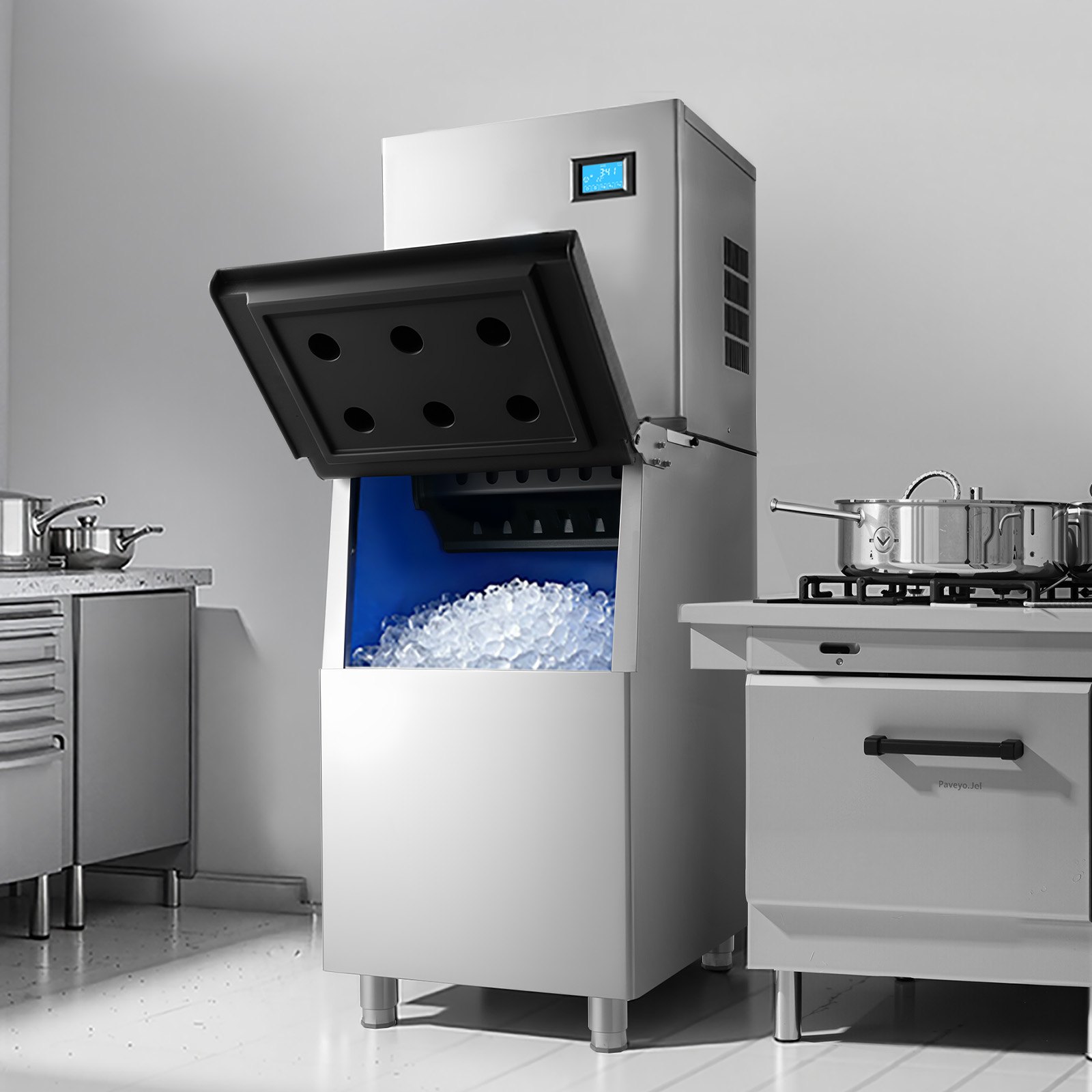 VEVOR Macchina per Ghiaccio Commerciale Capacità di Produzione 163kg/giorno Macchina con Contenitore per Cubetti di Ghiaccio Autopulente Schermo a Tocco Capienza 113kg, Bar Ristorante Hotel