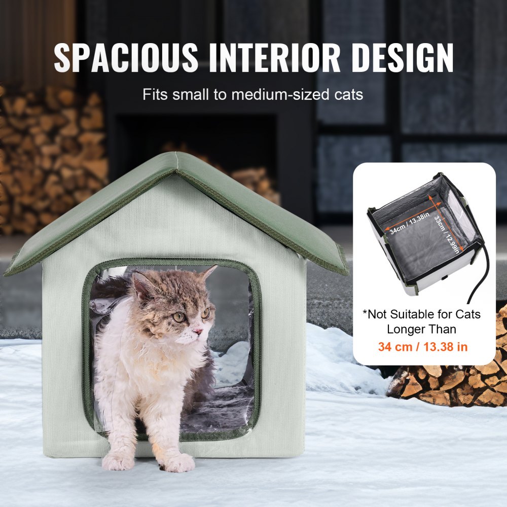 VEVOR Elevated Heated Cat House, Outdoor Kitty Shelter with Timer, 600D Oxford Cloth Foldable Cat Shelter with Heated Pad for Winter to Stay Warm and Cozy, Green (Small)