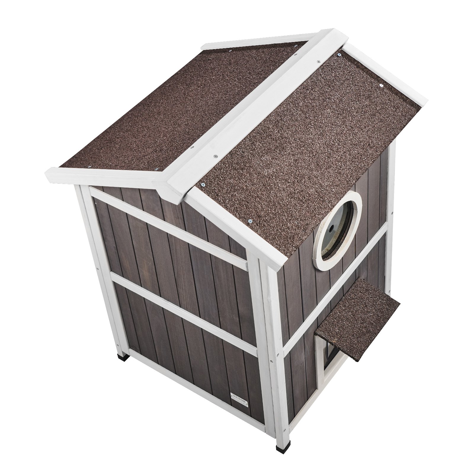 VEVOR Weatherproof Outdoor Cat House, Shelter for Wild Cats, Large 2-Story Wooden Outdoor Cat House with Doors, PVC Door Flaps, and a Transparent Window, 58.4 cm L x 66 cm W x 91.4 cm H