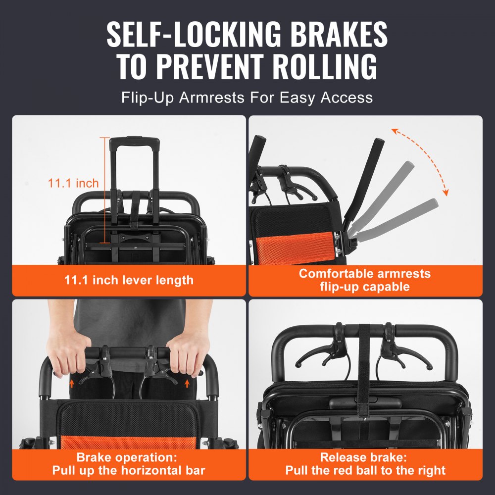 VEVOR Sedia a Rotelle Pieghevole per Adulti, Sedia da Trasporto Ultraleggera, con Braccioli Ribaltabili Lunghi Quanto Una Scrivania, Freno Autobloccante, Sedile Largo 45,72 cm Capacità di Peso 100 kg