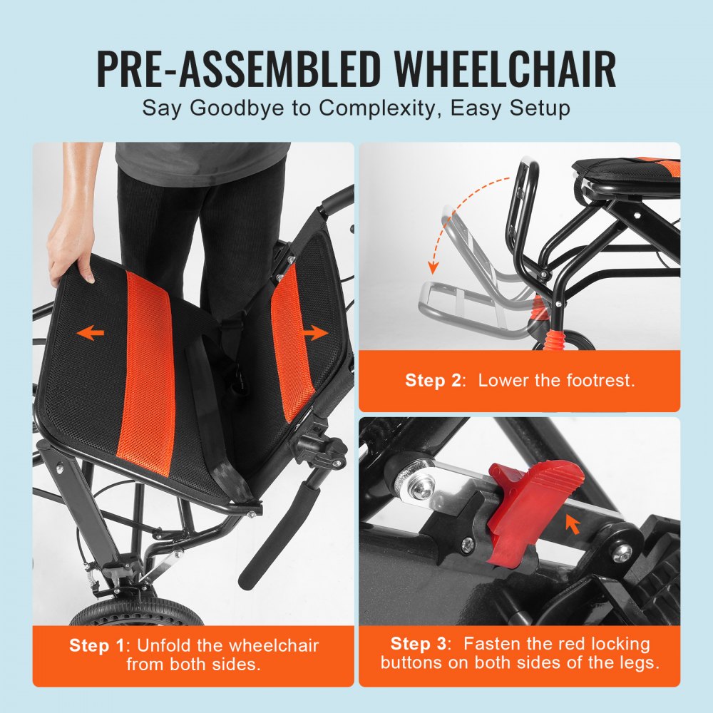 VEVOR Wheelchair, Ultra-Lightweight Aluminum Alloy Transport Chair for Adults, Foldable Wheelchair with Rear-Folding Armrests, Desk Length, Self-Locking Brake