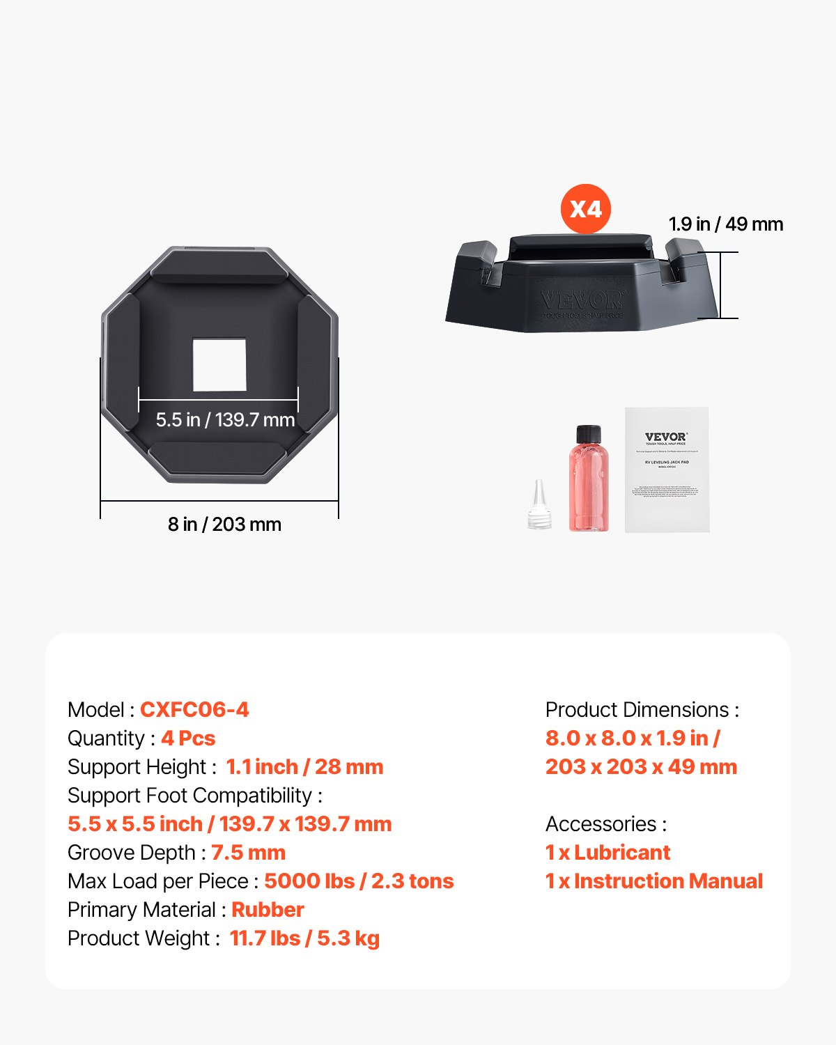 VEVOR Cuscinetti Livellanti Durevole, 4 Pezzi in Gomma Rimorchio, Ognuno con Capacità 2,3 T, Cuscinetto Stabilizzatore con Ampia Superficie Compatibilità del Piede di Supporto 139,7 mm