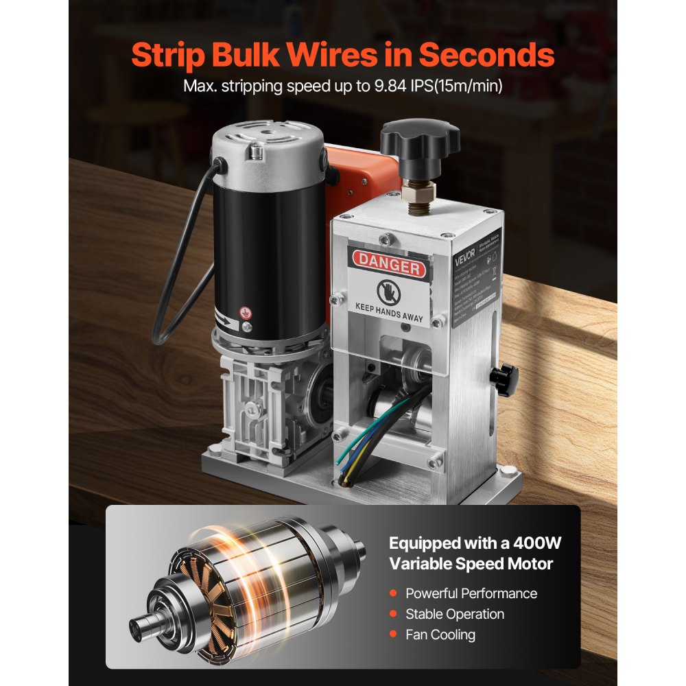 VEVOR Electric Wire Stripper, 1.5-40mm, 400W, Motorized Cable Stripper, 9.84 IPS (15m/min) Wire Stripper with Blades, V-Shaped Rollers, Cooling Fan, Cable Stripping Machine