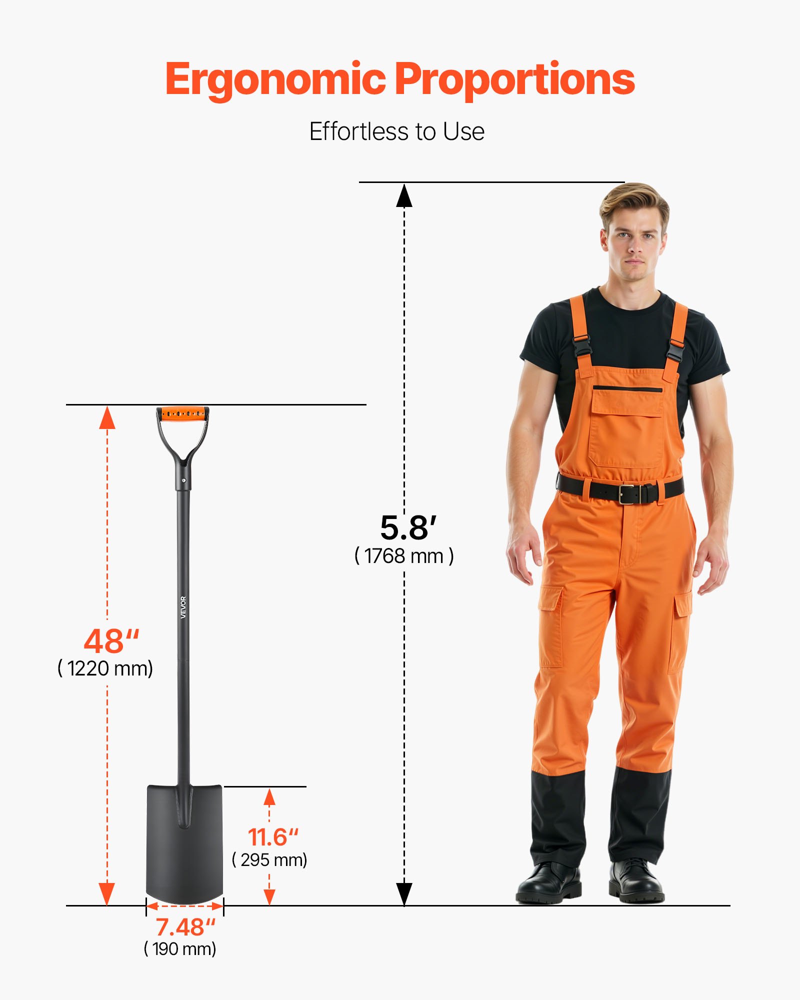 VEVOR Pala Quadrata, Pala Piatta 1220 mm, Pale da Trasferimento con Lama in Lega di Acciaio e Impugnatura a D Antiscivolo, Staccabile, per Giardinaggio, Edilizia, Scavi e Rimozione della Neve