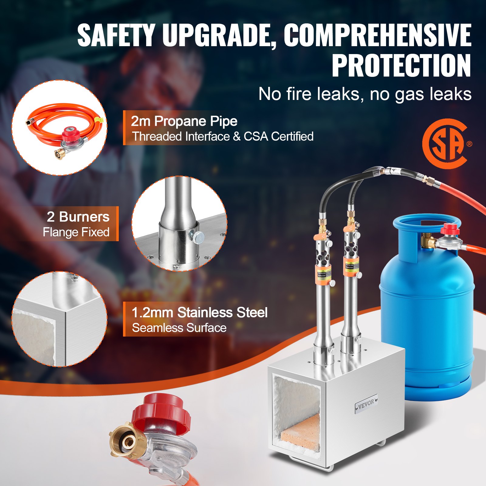 VEVOR Forgia a Gas Propano Portatile, Forno per Forgiatura a Gas Quadrato con 2 Bruciatori, Temperatura Massima 1427 ℃, Strumenti Attrezzature per Forgiatura a Gas in Acciaio Inox per Fabbri
