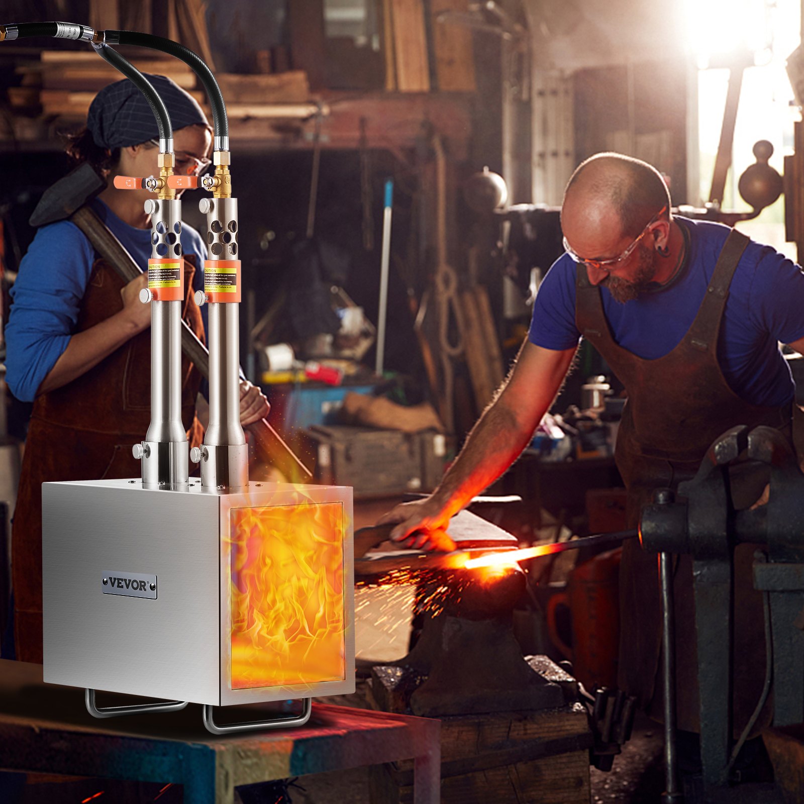 VEVOR Forgia a Gas Propano Portatile, Forno per Forgiatura a Gas Quadrato con 2 Bruciatori, Temperatura Massima 1427 ℃, Strumenti Attrezzature per Forgiatura a Gas in Acciaio Inox per Fabbri