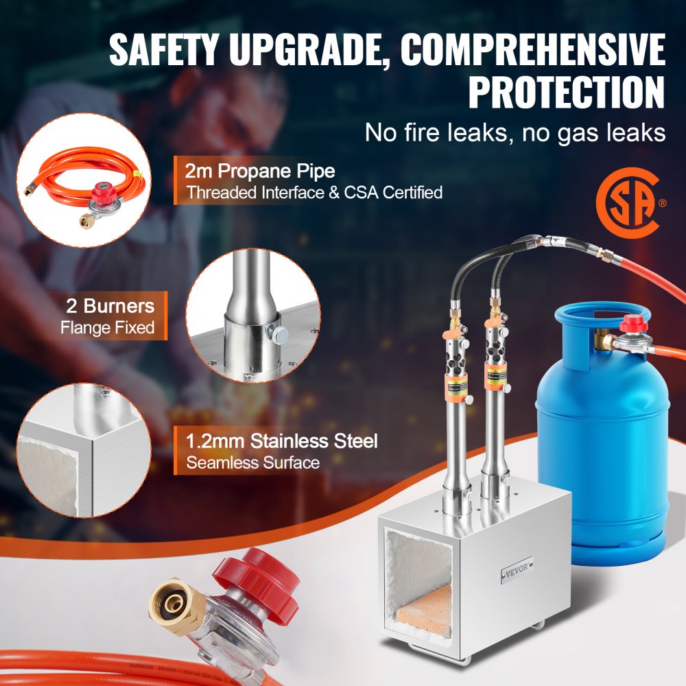 VEVOR Forgia a Gas Propano Bruciatore Quadrato per Coltelli Metalli Attrezzature per Forgiatura, Forgia a Gas Propano in Acciaio Inox 2 Bruciatori Portabile, Forgia a Gas per Coltelli Max. 1427℃