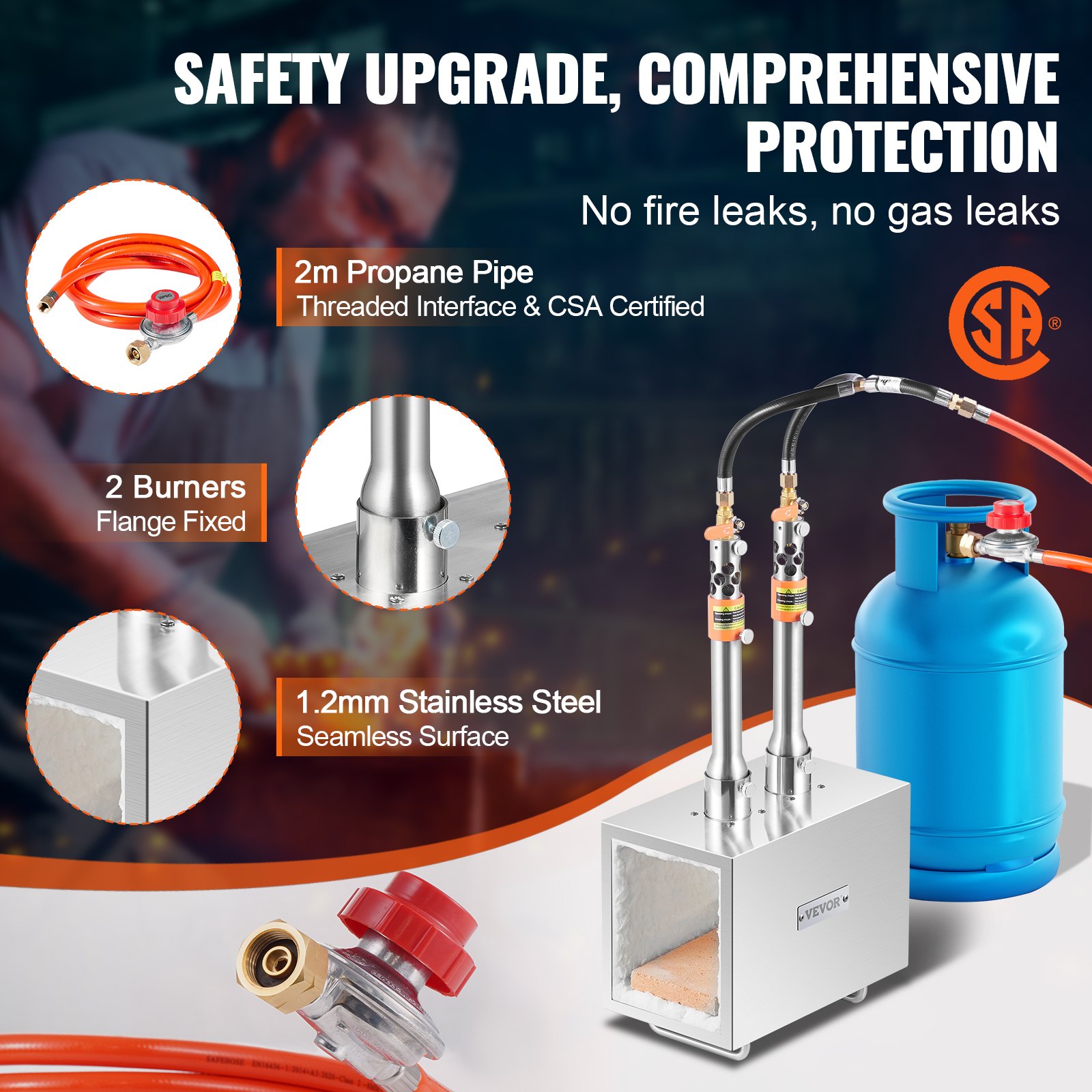 VEVOR Forgia a Gas Propano Bruciatore Quadrato per Coltelli Metalli Attrezzature per Forgiatura, Forgia a Gas Propano in Acciaio Inox 2 Bruciatori Portabile, Forgia a Gas per Coltelli Max. 1427℃