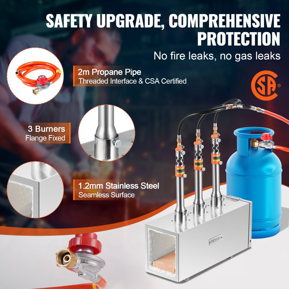 VEVOR Forgia a Gas Propano Portatile, Forno per Forgiatura a Gas Quadrato con 3 Bruciatori, Temperatura Massima 1427 ℃, Strumenti e Attrezzature per Forgiatura a Gas in Acciaio Inox, per Fabbri
