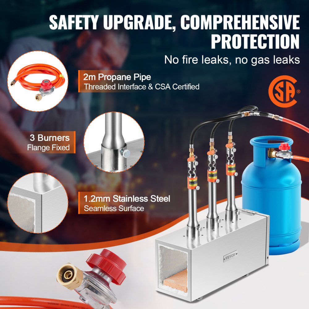 VEVOR Forgia a Gas Propano Bruciatore Quadrato per Coltelli Metalli Attrezzature per Forgiatura, Forgia a Gas Propano in Acciaio Inox 3 Bruciatori Portabile, Forgia a Gas per Coltelli Max. 1427℃