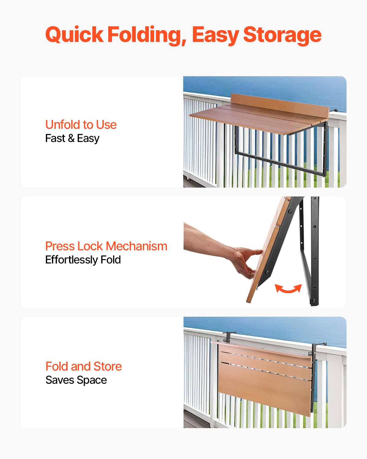 VEVOR Tavolo Sospeso per Balcone Pieghevole per Ringhiera del Balcone da 1000 x 485 x 480 mm, Tavolo da Bar all'Aperto in Acciaio Inox per Ringhiere, Regolabile su 5 Livelli Altezza