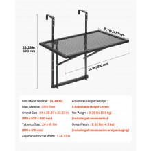 VEVOR Tavolo Sospeso Pieghevole in Metallo per Ringhiera del Balcone da 610 x 410 mm, Tavolo da Bar all'Aperto per Ringhiere, Regolabile su 5 Livelli, per Ringhiere e Patio e Terrazza