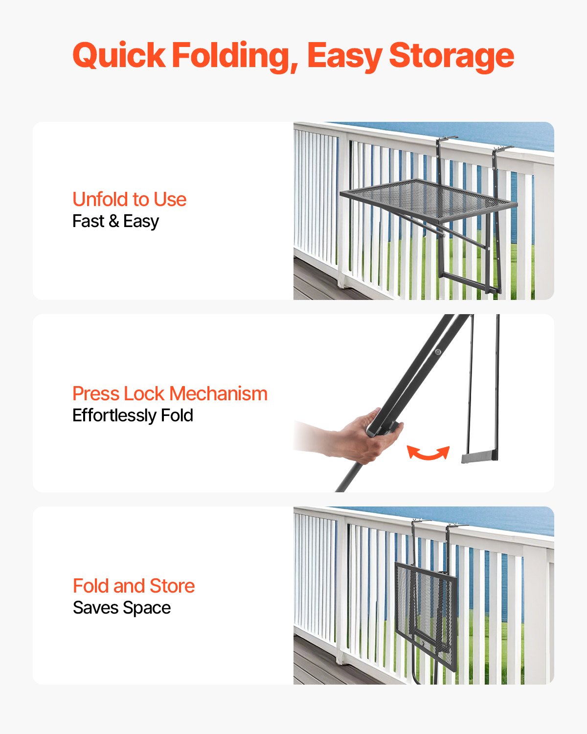 VEVOR Tavolo Sospeso Pieghevole in Metallo per Ringhiera del Balcone da 610 x 410 mm, Tavolo da Bar all'Aperto per Ringhiere, Regolabile su 5 Livelli, per Ringhiere e Patio e Terrazza