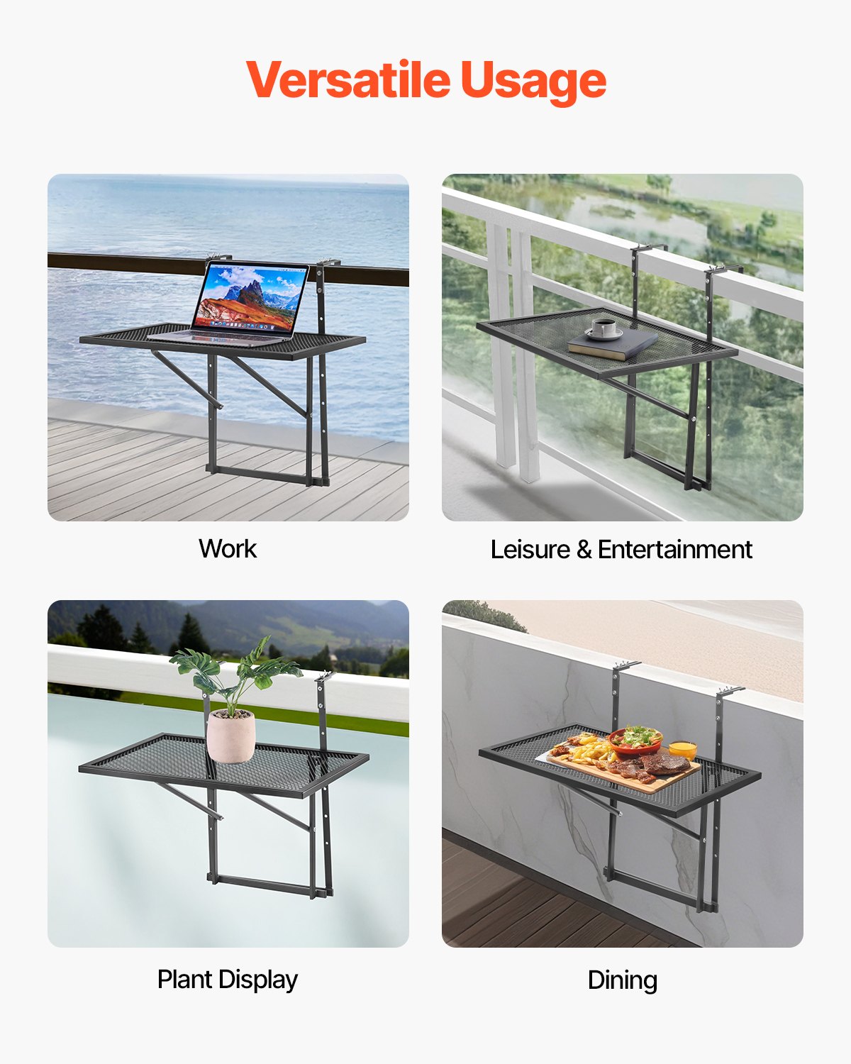 VEVOR Tavolo Sospeso Pieghevole in Metallo per Ringhiera del Balcone da 610 x 410 mm, Tavolo da Bar all'Aperto per Ringhiere, Regolabile su 5 Livelli, per Ringhiere e Patio e Terrazza