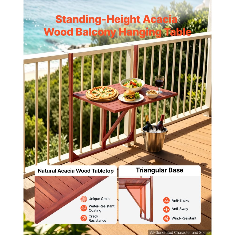 VEVOR Tavolo Sospeso per Balcone 650 x 450 mm Pieghevole per Uso Esterno, per Patio Giardino Terrazza, per Ringhiere da 0-70 mm, Altezza Standard, Materiale Resistente in Legno di Acacia, Salvaspazio