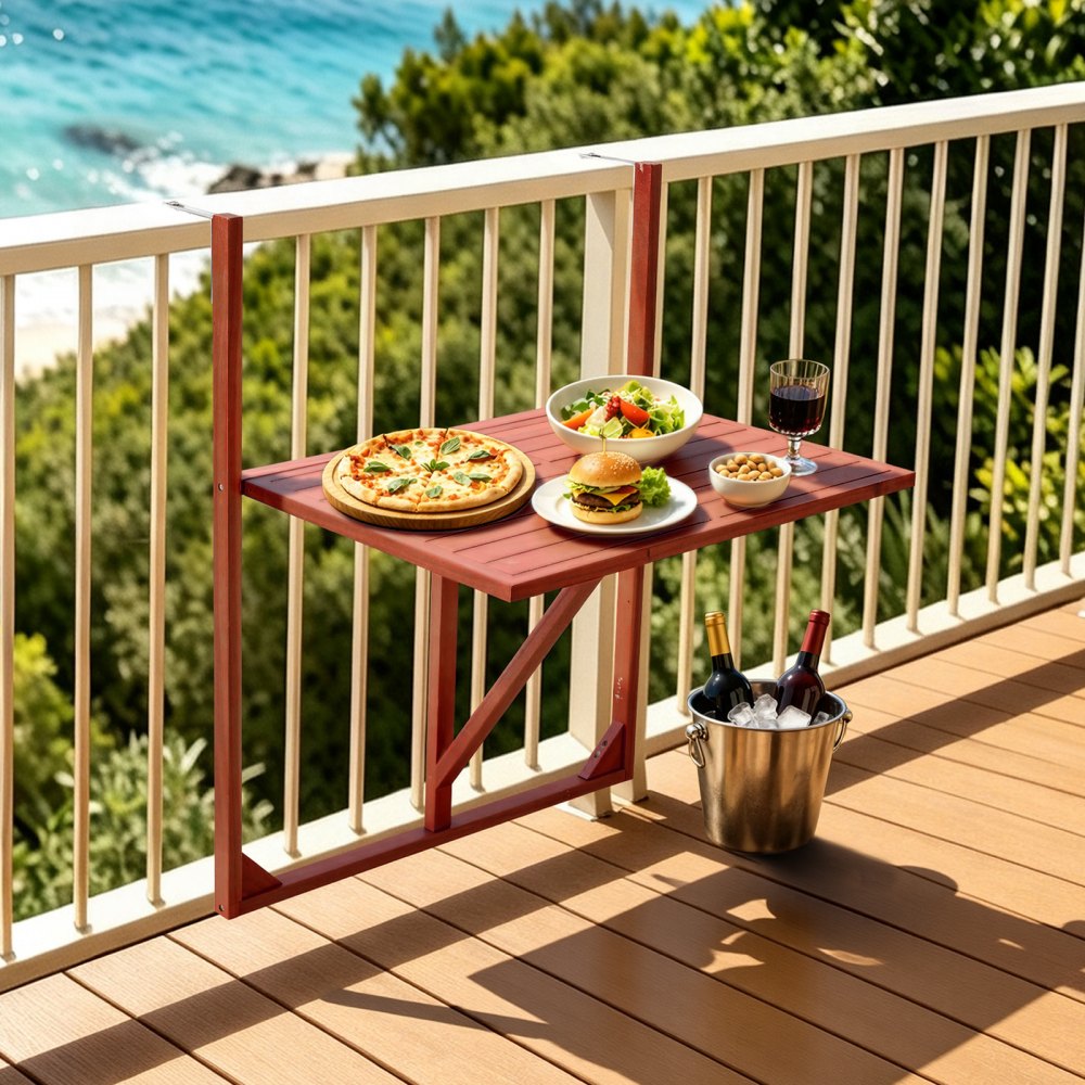VEVOR Tavolo Sospeso per Balcone 650 x 450 mm Pieghevole per Uso Esterno, per Patio Giardino Terrazza, per Ringhiere da 0-70 mm, Altezza Standard, Materiale Resistente in Legno di Acacia, Salvaspazio