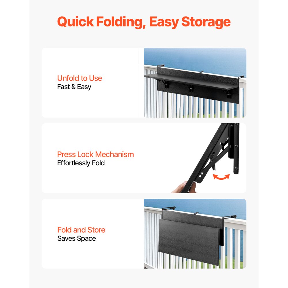 VEVOR Balcony Table, 1220x300mm, Foldable Balcony Hanging Table, Folding Table for Outdoor Use, 22 kg Load Capacity, Fits Railings from 2.54 to 10.92 cm, Serving Table for Terrace and Deck