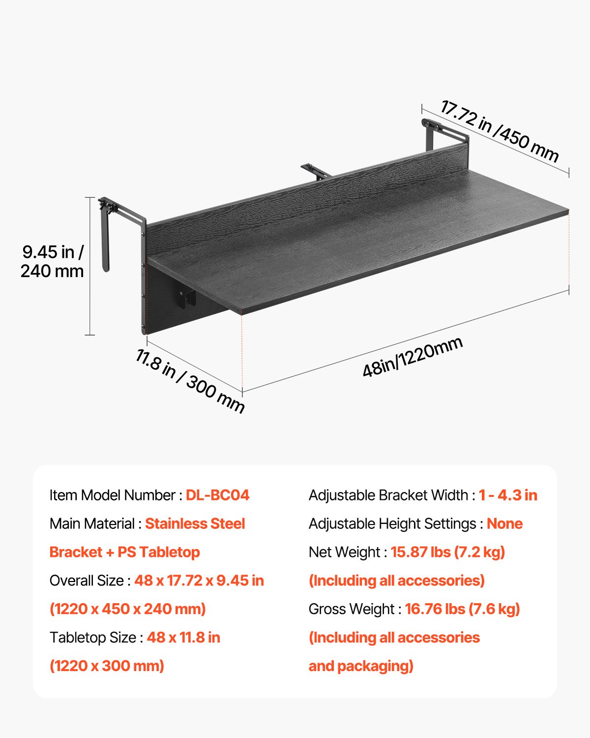 VEVOR Tavolo Sospeso Pieghevole in Metallo per Ringhiera del Balcone da 1220 x 300 mm, Tavolo da Bar all'Aperto per Ringhiere Staffa in Acciaio Inossidabile, per Patio e Terrazza 7,2 kg