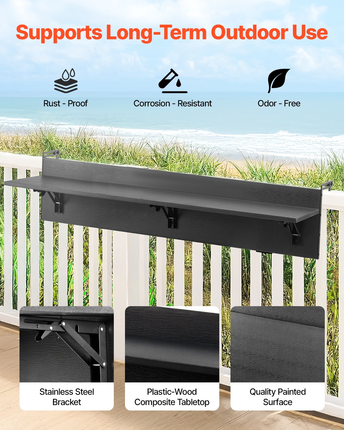 VEVOR Balcony Table, 1220x300mm, Foldable Balcony Hanging Table, Folding Table for Outdoor Use, 22 kg Load Capacity, Fits Railings from 2.54 to 10.92 cm, Serving Table for Terrace and Deck