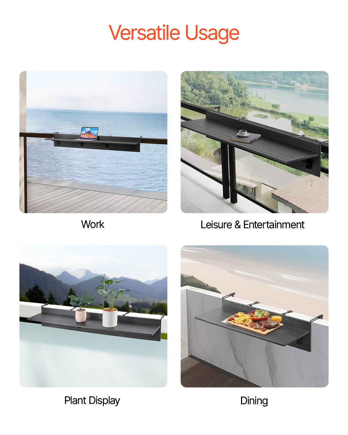 VEVOR Tavolo Sospeso Pieghevole in Metallo per Ringhiera del Balcone da 1500 x 450 x 240 mm, Tavolo da Bar all'Aperto per Ringhiere, per Ringhiere e Patio e Terrazza Staffa in Acciaio Inox