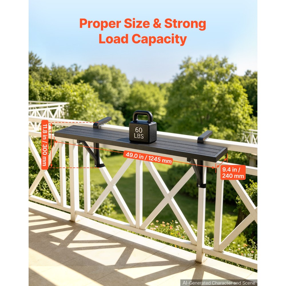 VEVOR Balcony Hanging Table 1245 x 240 mm 27 kg Balcony Railing Bar Table, for Outdoor Patio Garden Deck Use, Fits 25-65 mm Rails, Adjustable Bracket Spacing, Durable Wood-Plastic Composite Material