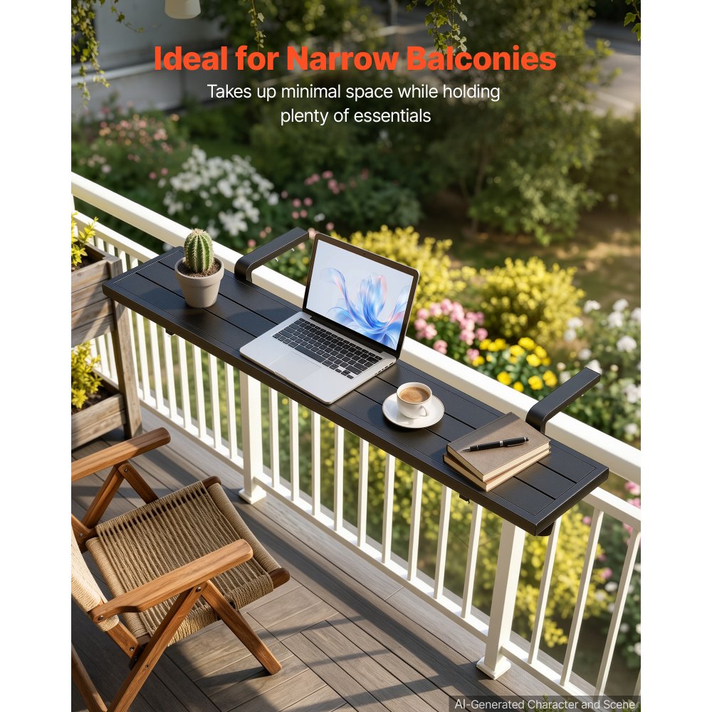 VEVOR Balcony Hanging Table 1245 x 240 mm 27 kg Balcony Railing Bar Table, for Outdoor Patio Garden Deck Use, Fits 25-65 mm Rails, Adjustable Bracket Spacing, Durable Wood-Plastic Composite Material