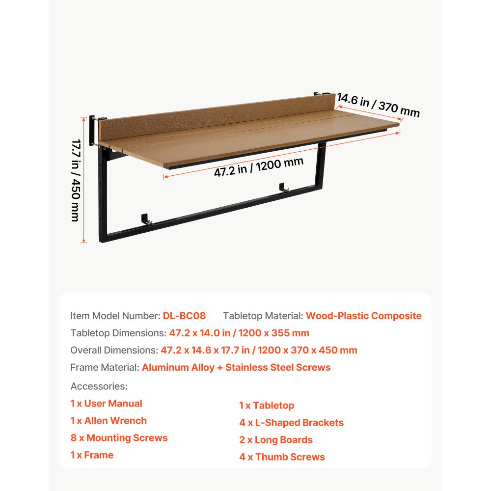 VEVOR Tavolo Sospeso per Balcone 1200 x 370 mm 27 kg Design Pieghevole, per Esterni Patio Giardino Terrazzo, per Ringhiere da 35-60 mm, Altezza Regolabile 5 Livelli, Composito in Legno e Plastica