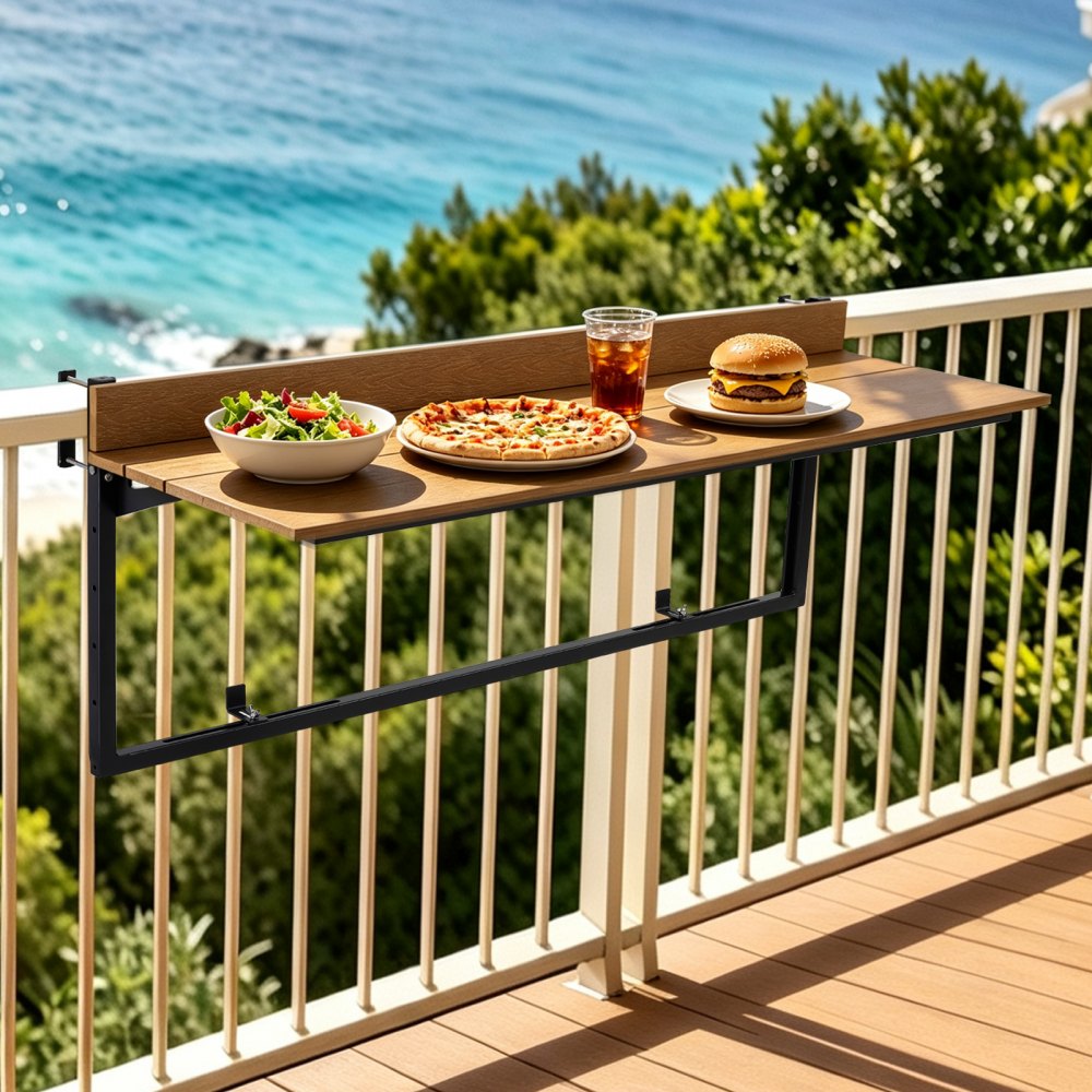 VEVOR Tavolo Sospeso per Balcone 1200 x 370 mm 27 kg Design Pieghevole, per Esterni Patio Giardino Terrazzo, per Ringhiere da 35-60 mm, Altezza Regolabile 5 Livelli, Composito in Legno e Plastica