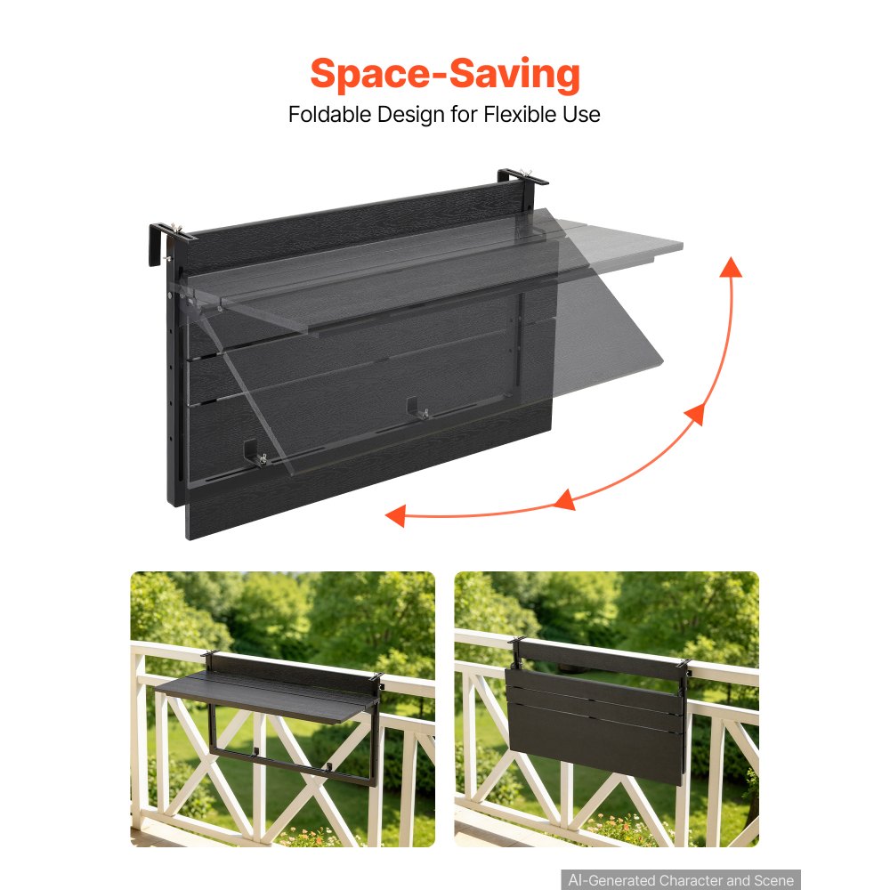 VEVOR Tavolino per Balcone 795 x 380 mm Altezza Regolabile su 5 Livelli, per Esterni Patio Giardino Terrazzo, Pieghevole, per Ringhiere da 0 a 90 mm, Materiale Composito Resistente Legno e Plastica
