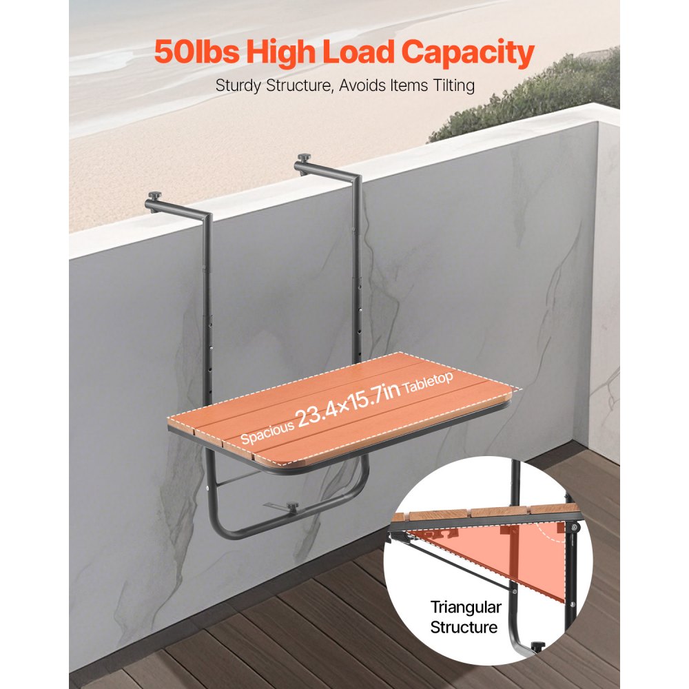 VEVOR Tavolo Sospeso Pieghevole in Metallo per Ringhiera del Balcone da 595 x 400 mm, Tavolo da Bar all'Aperto per Ringhiere, Regolabile su 4 Livelli, per Ringhiere e Patio e Terrazza