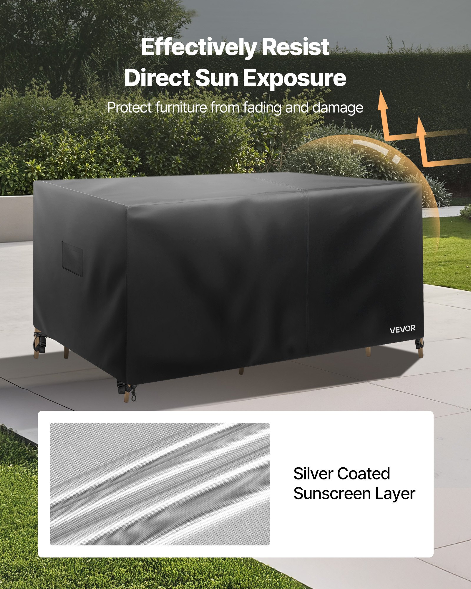 VEVOR Patio Furniture Cover, 420D Heavy Duty Waterproof Outdoor Dining Table and Chairs Cover, Large Squre Patio Table Covers with Air Vent for All Weather, 320L x 320W x 81H cm, Black