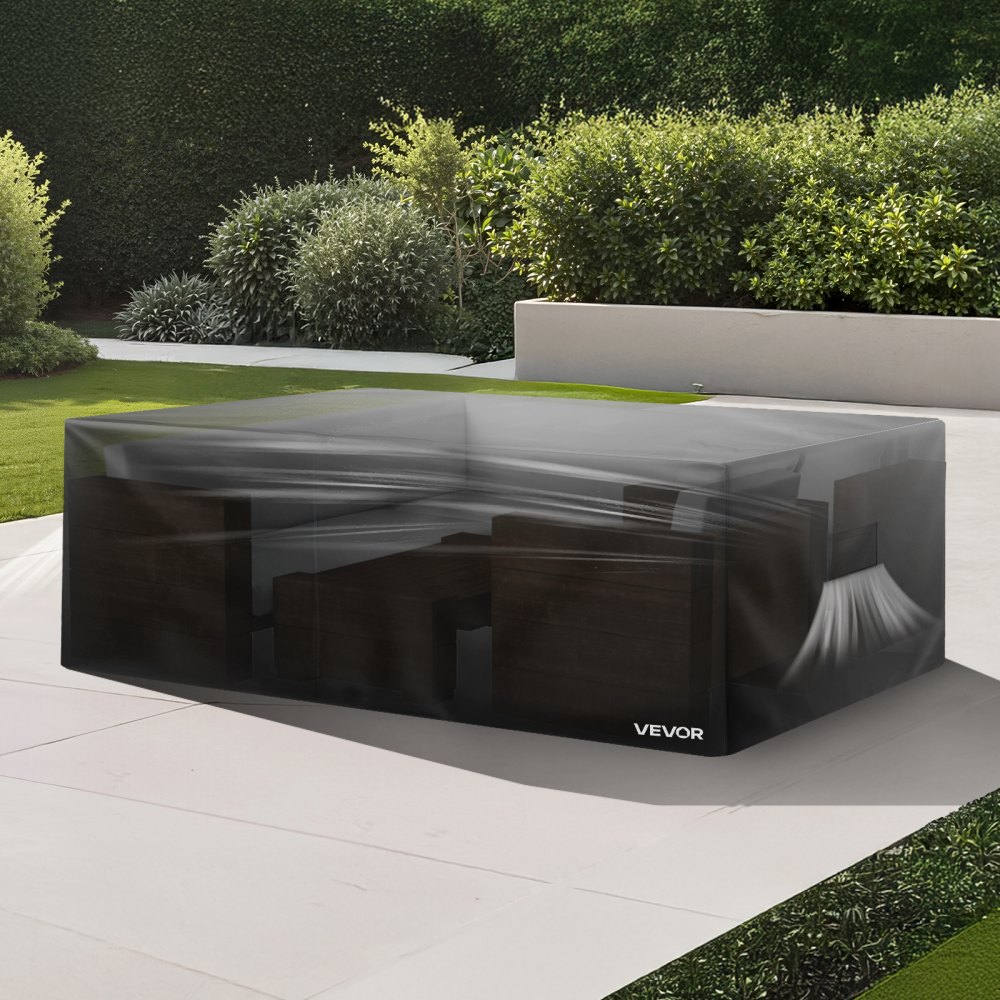 VEVOR Copertura Rettangolare per Mobili da Giardino da 249 x 198 x 81 cm Grande Copertura Impermeabile per Tavolo e Sedie da Pranzo da Esterno 420D, con Presa d'Aria per Tutte Stagioni, Nero