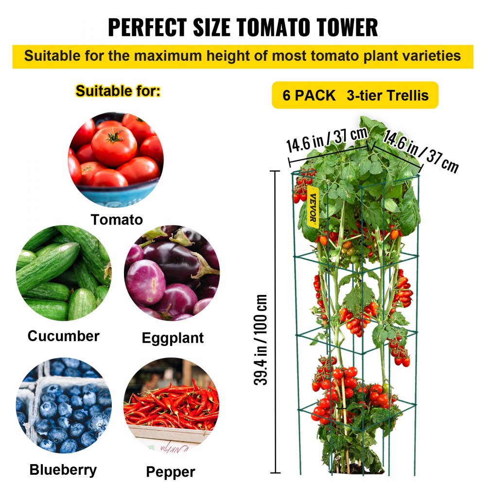 VEVOR Gabbie per Pomodori, 14,6" x 14,6" x 39,4", 6 Confezioni Gabbie di Supporto per Piante Quadrate, Torri di Pomodoro in Acciaio per Verdure Rampicanti, Piante, Fiori, Frutta