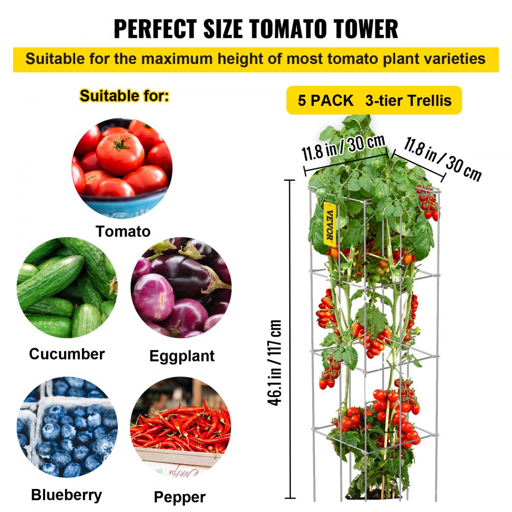 VEVOR Gabbie per Pomodori, 11,8" x 11,8" x 46,1", 5 Confezioni Gabbie di Supporto per Piante Quadrate, Torri per Pomodori in Acciaio per Verdure Rampicanti, Piante, Fiori, Frutta