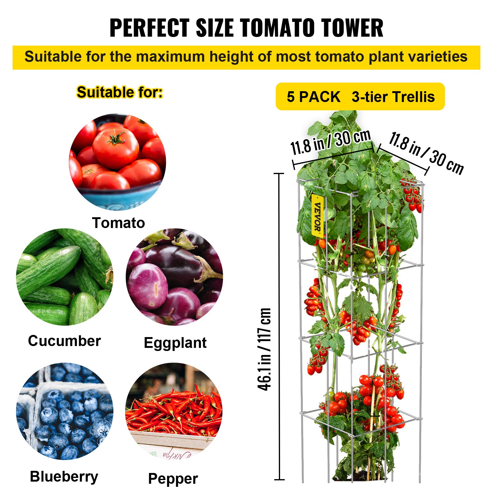 VEVOR Gabbie per Pomodori, 11,8" x 11,8" x 46,1", 5 Confezioni Gabbie di Supporto per Piante Quadrate, Torri per Pomodori in Acciaio per Verdure Rampicanti, Piante, Fiori, Frutta