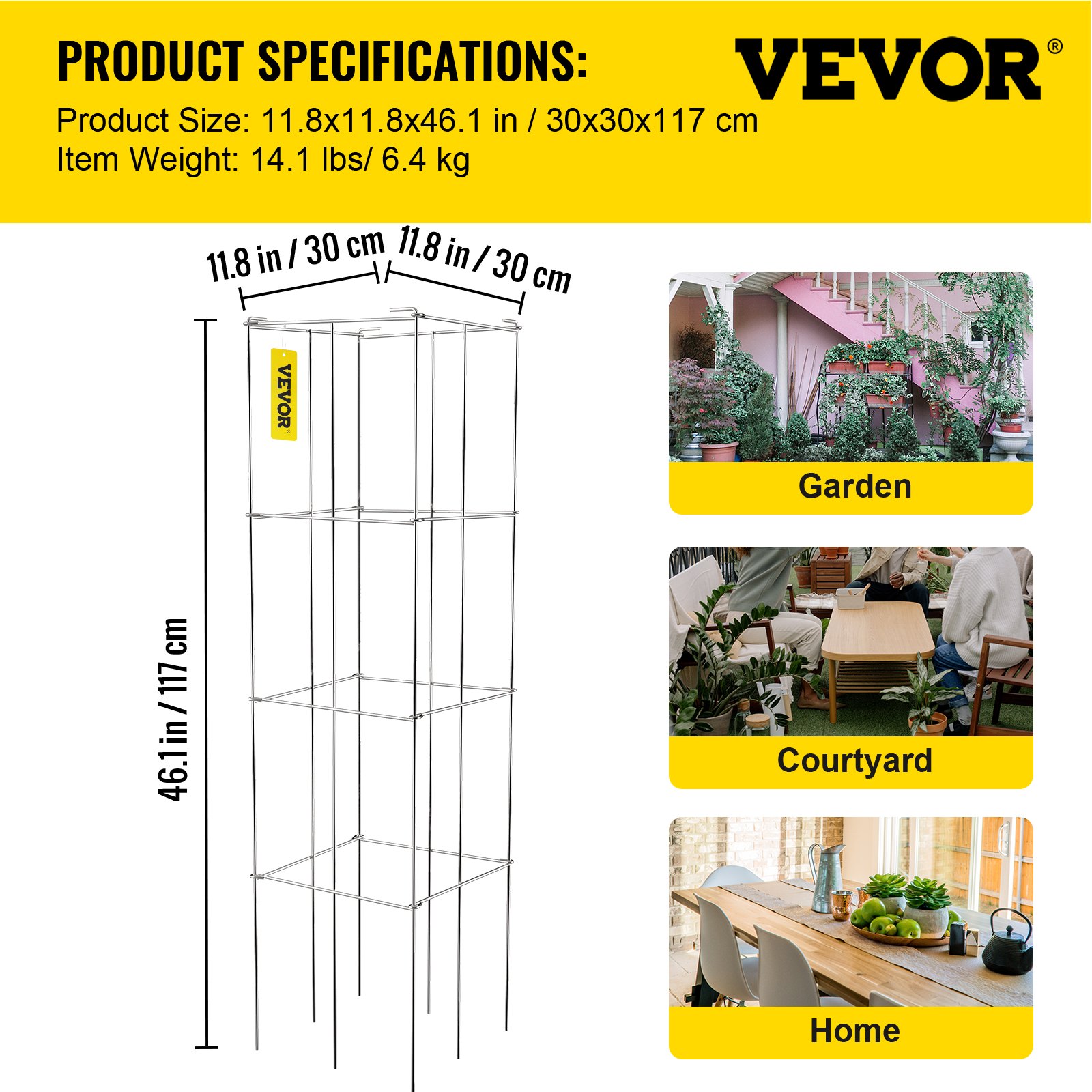 VEVOR Gabbie per Pomodori, 11,8" x 11,8" x 46,1", 5 Confezioni Gabbie di Supporto per Piante Quadrate, Torri per Pomodori in Acciaio per Verdure Rampicanti, Piante, Fiori, Frutta