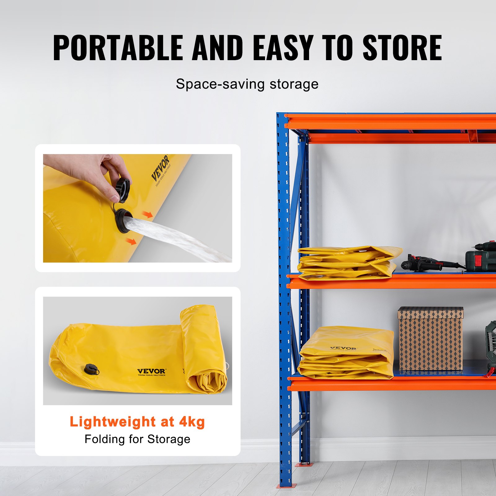 VEVOR Sacco Antiallagamento, 4 Pezzi, Barriera Antiallagamento Alternativa, Portatile e Facile da Usare per Casa, Ingresso, Vialetto 122 x 25 x 17 cm Giallo