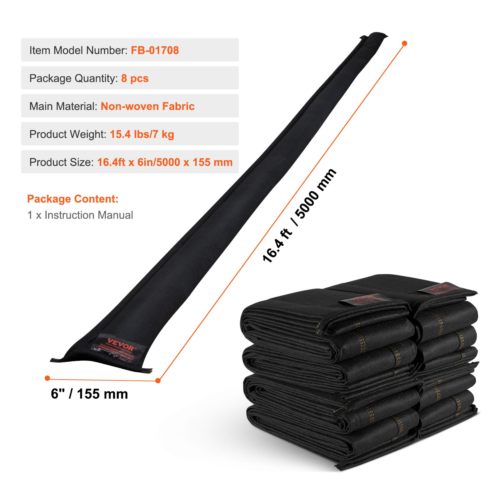 VEVOR Barriera antiallagamento 8 pezzi, Borse barriera antiallagamento, Sacchetti per anti-alluvione, Barriere antiallagamento attivate dall'acqua per casa, porta, vialetto (17 piedi x 6 pollici)