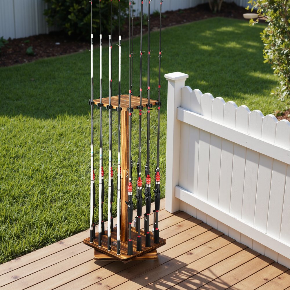 VEVOR Portacanne da Pesca per 16 Aste 330 x 330 x 810 mm Supporto in Legno Girevole a 360° per Organizzare e Riporre Canne, Supporto da Pavimento Salvaspazio per Attrezzatura da Pesca