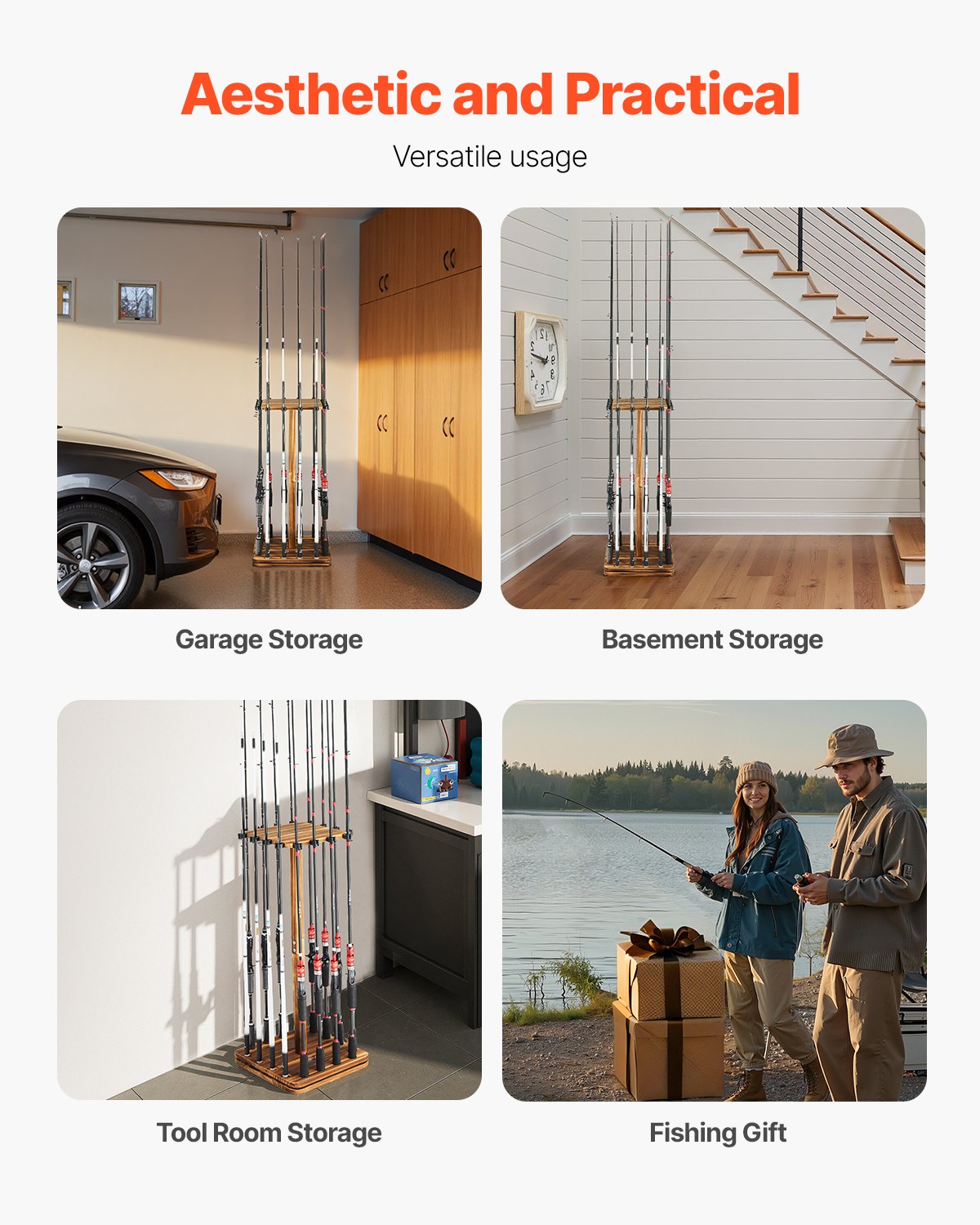 VEVOR Portacanne da Pesca per 16 Aste 330 x 330 x 810 mm Supporto in Legno Girevole a 360° per Organizzare e Riporre Canne, Supporto da Pavimento Salvaspazio per Attrezzatura da Pesca