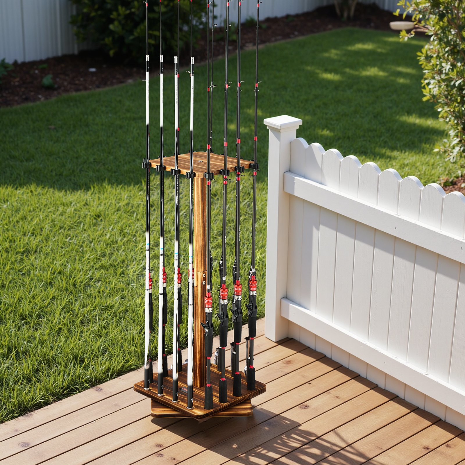 VEVOR Portacanne da Pesca per 16 Aste 330 x 330 x 810 mm Supporto in Legno Girevole a 360° per Organizzare e Riporre Canne, Supporto da Pavimento Salvaspazio per Attrezzatura da Pesca