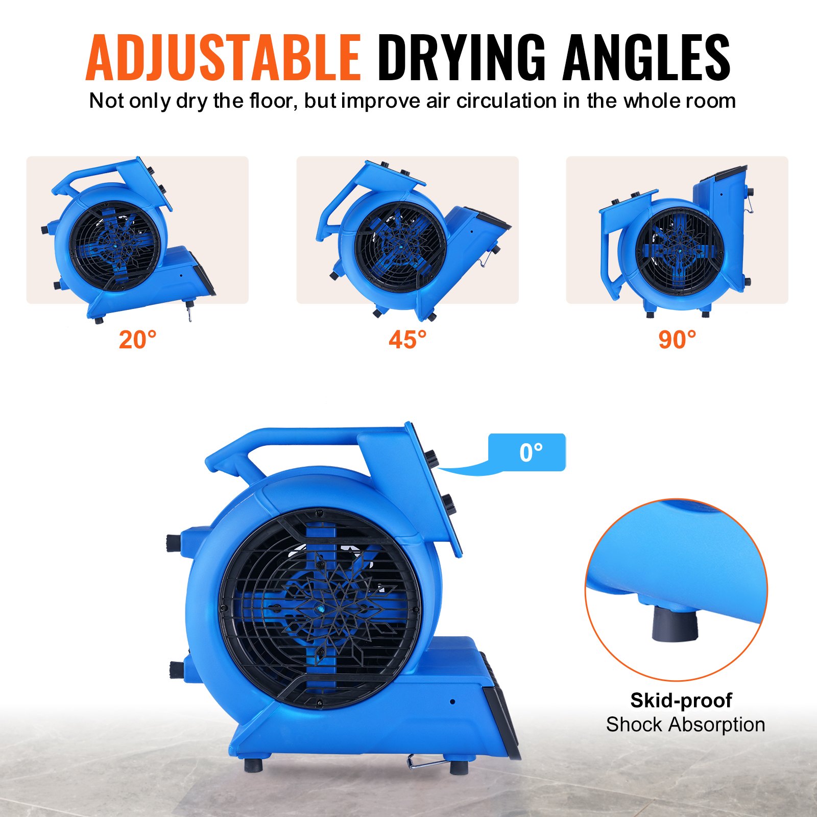 VEVOR Soffiatore da Pavimento 1250 Giri/min Ventilatore per Asciugatura Tappeti Portatile 73,62 m³/min con 4 Angoli di Soffio Temporizzatore 3 Impostazioni di Velocità per Uso Domestico e Commerciale