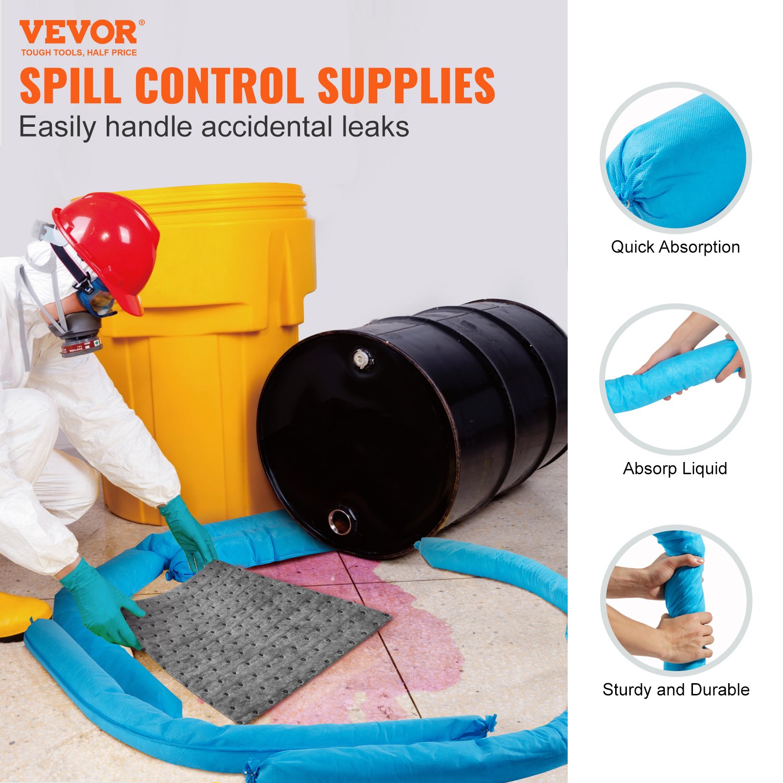 VEVOR Calzino assorbente universale, Serpente assorbente dell'acqua, Capacità 75,8 L, 7,6 x 120 cm Calzino per controllo delle fuoriuscite resistente alla muffa, 12 pezzi
