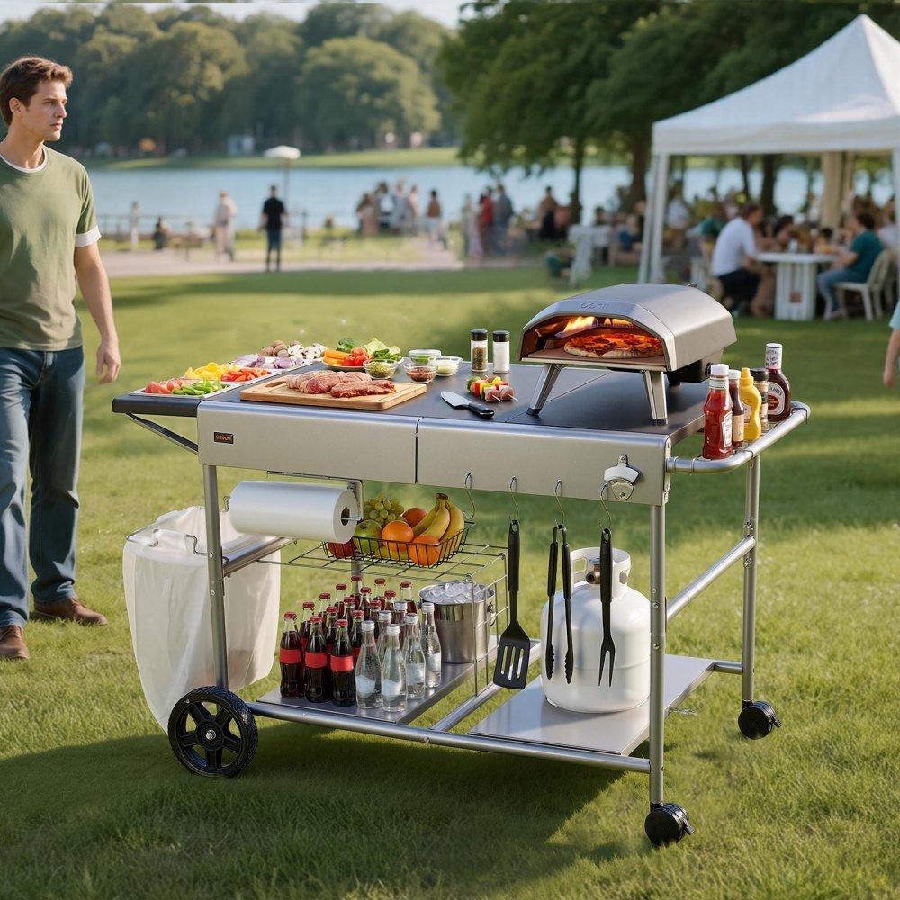 VEVOR Outdoor Grill Cart, 925 x 595 x 25mm Tabletop Size Grilling Table, Movable Outdoor Cooking Table with 4 Spice Containers, Wheels, Lids, Hooks, BBQ Prep Tables for Picnic, Kitchen, Courtyard