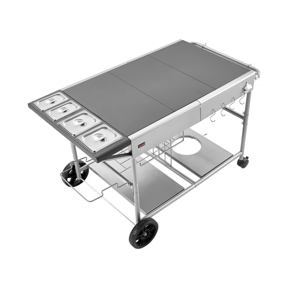 VEVOR Outdoor Grill Cart, 925 x 595 x 25mm Tabletop Size Grilling Table, Movable Outdoor Cooking Table with 4 Spice Containers, Wheels, Lids, Hooks, BBQ Prep Tables for Picnic, Kitchen, Courtyard
