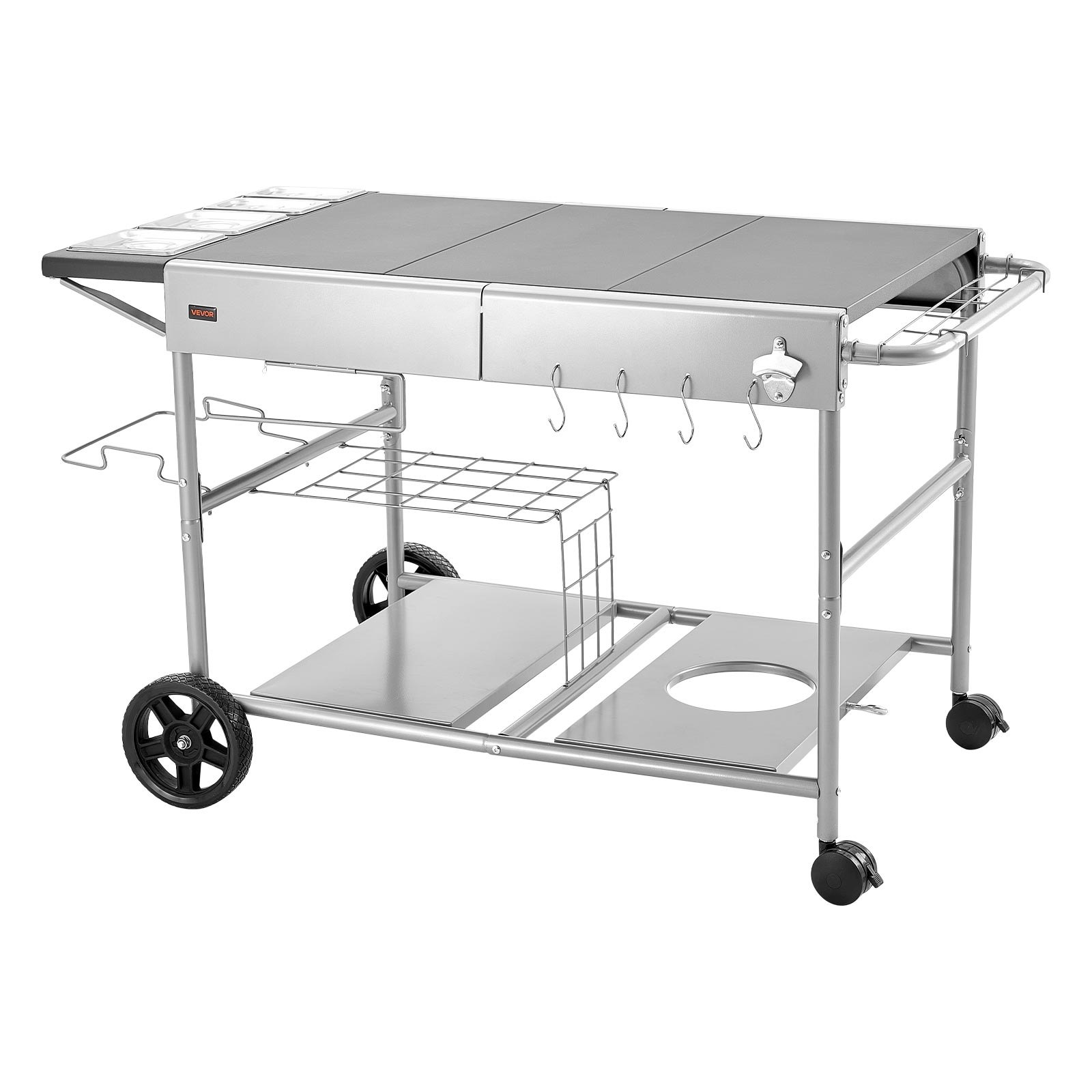 VEVOR Outdoor Grill Cart, 925 x 595 x 25mm Tabletop Size Grilling Table, Movable Outdoor Cooking Table with 4 Spice Containers, Wheels, Lids, Hooks, BBQ Prep Tables for Picnic, Kitchen, Courtyard